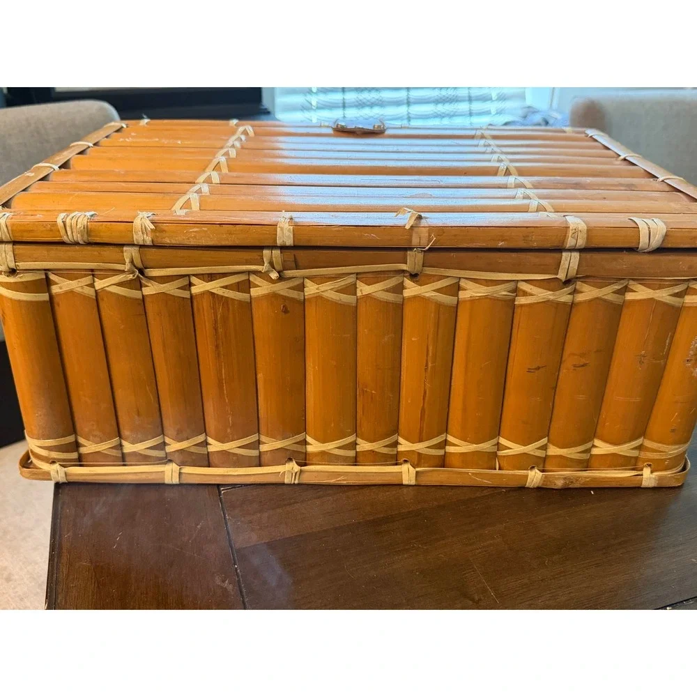 Vintage Mid-Century Woven Bamboo Picnic Basket Suitcase Plaid Lining Dining Set